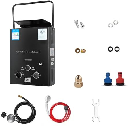 Chauffe-Eau Gaz Instantané Portable 6L, Chauffe Eau Camping Car avec Écran Numérique, 12KW Charge Thermique, Allumage Automatique à Pile, Pour Camping & Extérieur (noir)