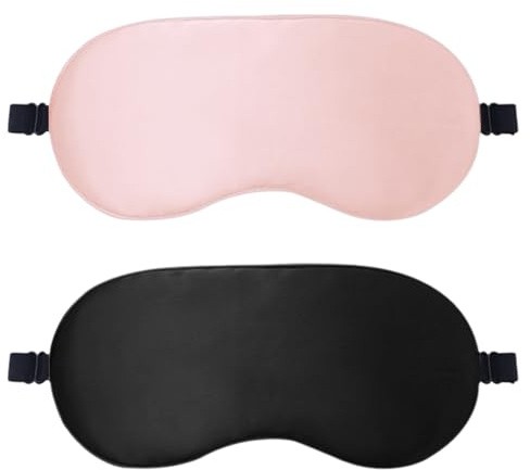 Set de 2 Máscaras para Dormir, Antifaz de Seda Suave con Correa Ajustable para Hombre y Mujer, Máscara de Sueño para Viajes y Descanso, Negro y Rosa