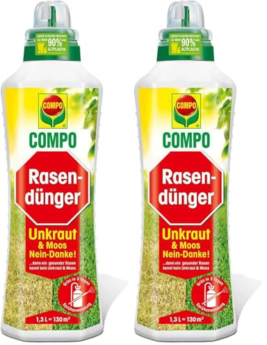 COMPO Flüssiger Rasendünger Unkraut & Moos Nein-Danke!, Dünger für gesunde und sattgrüne Rasen, 1,3 Liter, Unzutreffend (Packung mit 2)