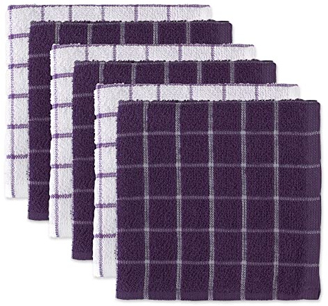 DII Basic Terry Collection Windowpane Dishcloth Set, 12x12, Eggplant, 6 Piece