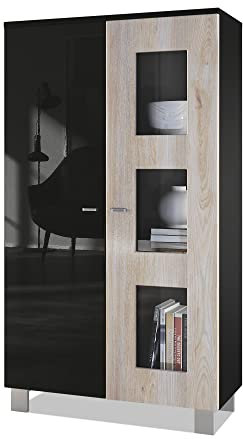 Vladon Vitrine Denjo, Made in Germany, Standvitrine mit 2 Türen und 3 Glaseinsätzen, Schwarz matt/Schwarz Hochglanz/Eiche Nordic (71 x 129 x 35 cm)