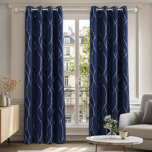 Deconovo Window Treatment Blackout Curtains Thermal Insulated Energy Saving Super Soft Room Darkening Eyelet Curtains for Girls 66 x 90 Inch Navy Blue 1 Pair