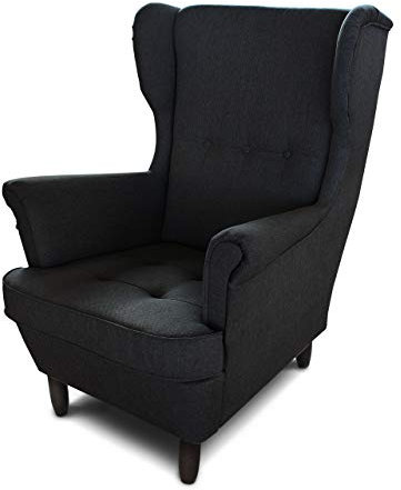 Ohrensessel Sessel King - Lounge Sessel mit Armlehnen - Retro Stuhl aus Stoff mit Holz Füßen - Polsterstuhl für Esszimmer & Wohnzimmer (Schwarz (Inari 100), ohne Hocker)