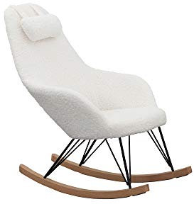 SalesFever Schaukelstuhl Layback | Bezug Teddyfell in Weiß | Kufen Massiv-Holz | Gestell Metall schwarz | bewegliches Kissen | skandinavisches Design