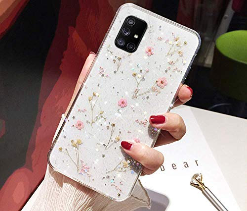 Surakey Schutzhülle für Samsung Galaxy A51, transparent, aus weichem TPU-Silikon, Glitzer, getrocknet, echte Blumen, Silikon-Gel, Kratzfest, Bumper Schutzhülle, Rosa