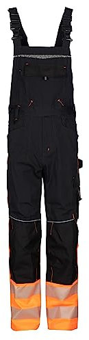 Prisma Arbeitslatzhose Herren mit Multifunktions- & Knietaschen, Stretchbund, Aufgesetzter Handytasche, Doppelte Zollstocktasche, Arbeitshosen Männer, Latzhose Herren Arbeitshose Schwarz/Orange EU52