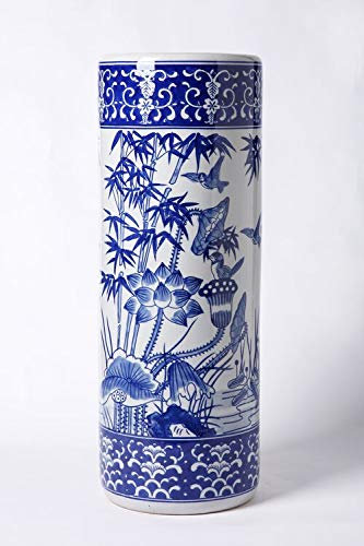 Home Gift 24 Porcelain Umbrella Stand, Classic Blue and White Floral/Bird Design