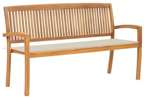 vidaXL Teak Massiv Gartenbank mit Auflage Stapelbar Holzbank Sitzbank Parkbank Bank Terrassenbank Gartenmöbel Balkonbank Teakbank 159cm