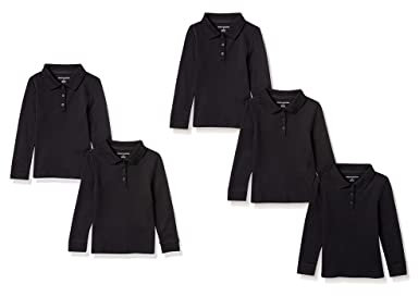 Amazon Essentials Girls' Long-Sleeve Interlock Polo Shirts, Pack of 5, Black, 8 Years