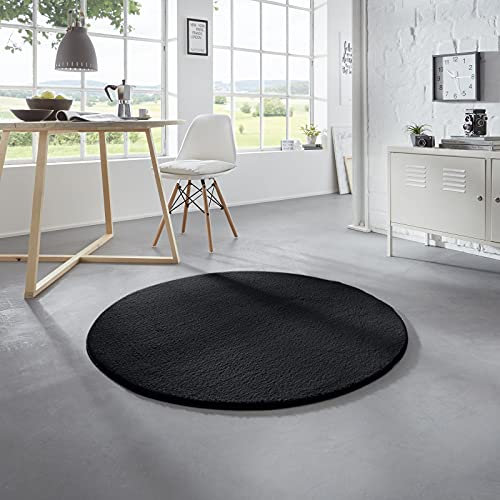 Taracarpet Waschbarer Flauschiger Uni Kurzflor Teppich, Anti-Rutsch, Felloptik, Super Soft Schwarz 120 cm rund