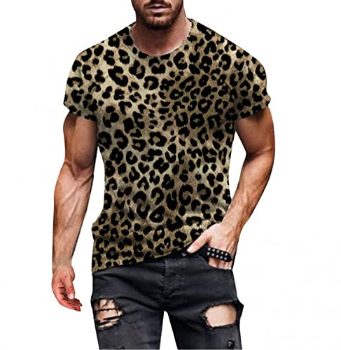 COOFANIN Mens T Shirts Leopard Print Short Sleeve Crewneck Tops Lightweight Summer Breathable Plus Size Loose Baggy Blouses Fashion Novelty Tees Casual Street Grandad Gifts for Men