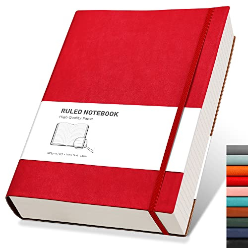RETTACY A4 Lined Notebook, Leather Softcover Journal, 320 Pages, Red | Notepad for Men Women, 100 GSM Thick Ruled Paper, for School Office Writing - 21.5 × 27.9 cm