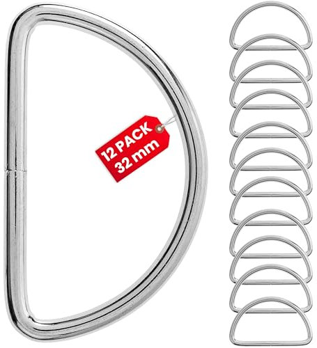 D-Ringe aus Metall, 12 Stück, für 32 mm breite Gurtbänder, Silber-farben, 3,5 mm starker Ring, nicht verschweißte D Ring Öffnung, halbrunder Metallring aus vernickeltem Stahl, DRing Schnalle DIY, Gurt