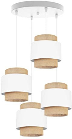 Light-Home Boho Hängelampe - Deckenlampe für Wohnzimmer Schlafzimmer und Esszimmer - Pendelleuchte aus Metall mit Lampenschirm aus Stoff - E27-4-Flammig Oval - Weiß und Jute