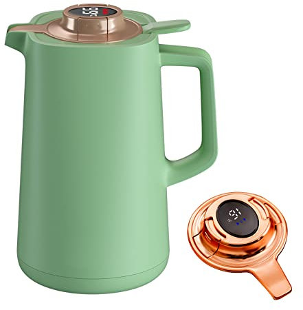 Temperature display thermal Coffee Carafe, Double vacuum glass lined thermos pot, Coffee Dispenser, Tea kettle, teapot, thermal insulation kettle, coffee pot, Hot For 24 Hours,1.5 Liter (GREEN)