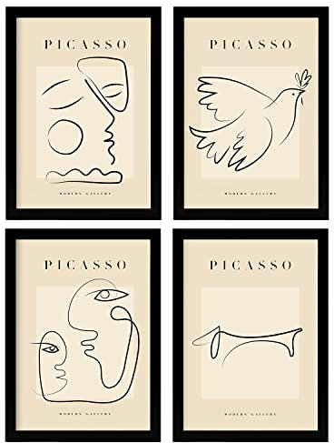 Nacnic Set mit 4 Illustrationen von Picasso Peace, Einzelstrich im Galerie-Stil, Gemälde für die Innendekoration, A4, mit schwarzem Rahmen.