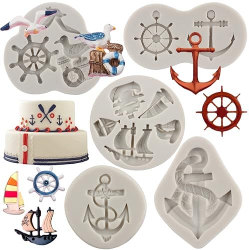 Sijiangmold Lot de 4 moules en silicone sur le thème du bateau à voile, ancre, gouvernail, mouette, bateau à voile, hameçon, vagues de mer, moules pour chocolat, bonbons, décoration de gâteaux, pâte à