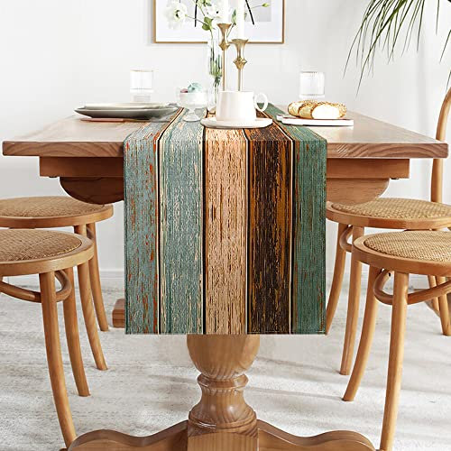 Tischläufer Türkis Outdoor Tischläufer Wetterfest Blau Grün Braun Bunt Hölzern Streifen Bauernhaus Tischläufer Modern Tischwäsche Esstisch Tischband Dekoration für Esszimmer Party Urlaub 40x140cm