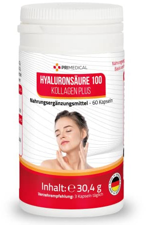 HYALURONSÄURE Kapseln mit KOLLAGEN und VITAMIN C, 100mg Hyaluron und 250mg Kollagenhydrolysat je Kapsel, Primedical 1 x 60 Kapseln