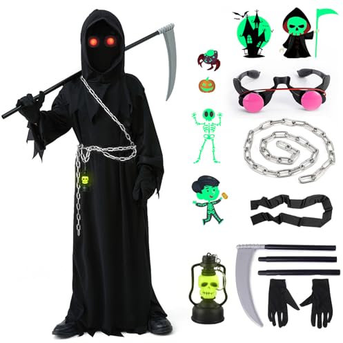 Halloween - Costume da falciatrice per bambini, costume da falce, Halloween, con falce, guanti per falce, Halloween, mantello nero, falciatrice Grim Reaper Costume per Halloween, vestito
