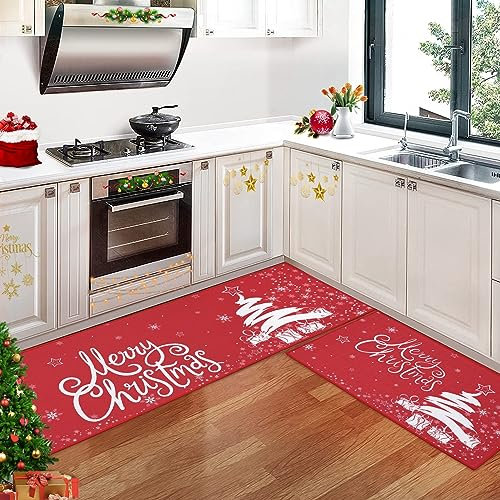 CAROMIO Weihnachts Küchenmatten Set mit 2 Stück, Flachsähnliche Weihnachts Küchenteppiche und Matten, Gewebte Weihnachtsbaummatten Weihnachtsküchendekorationen für Zuhause, 40 x 60 cm + 40 x 120 cm