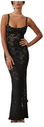 KWTF Abito Lungo Elegante in Pizzo Trasparente Sexy Estivo con Spalline Aderenti da Donna per Festa di Nozze - Diviso Nero