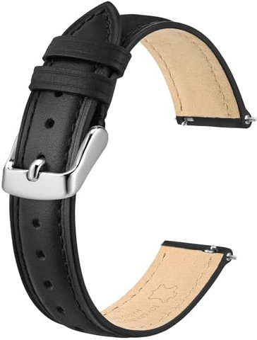 BISONSTRAP Elegante Leder Uhrenarmband, Schnellverschluss, Uhrenarmbänder für Damen und Herren, Kompatibel mit Uhrenanstößen von 16mm, Schwarz (Silberne Schnalle)