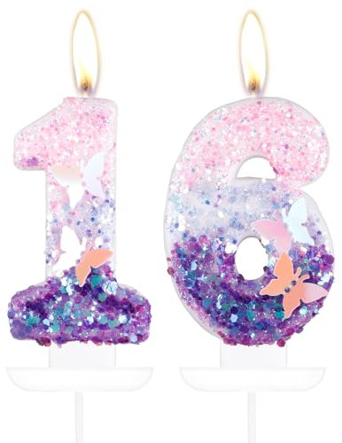 Candele per torta a forma di farfalla numero 16, candele per torta di 16° compleanno, decorazioni per torta per 16° compleanno, candele di compleanno a farfalla viola rosa, decorazioni per torte a