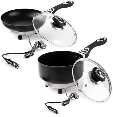 ZONETECH 12 V Bratpfanne und Kochtopf-Set mit Glasdeckeln, tragbare antihaftbeschichtete 19,1 cm Pfanne und 2 Quart Topf, kühl bleibende Griffe, schnelles Aufheizen, perfekt für Camping, Picknick und