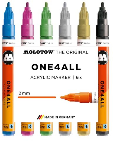 Molotow One4All 127HS Acryl Marker Metallic Set (2,0 mm Strichstärke, hochdeckend und permanent, schnell trocknend, nachfüllbar, für fast alle Untergründe) 6 Stück sortiert