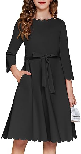 Arshiner Robe Fille Robe de fête Elégante Robe d'automne Enfant Unicolore A Ligne Robe de Loisirs Robe de Princesse Noir 160