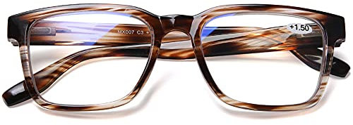 DOOViC Blaulichtfilter Lesebrille 1,5 Braun Quadratische Gestreift Rahmen Groß Gläser Computerbrille Brille mit Sehstärke für Damen/Herren