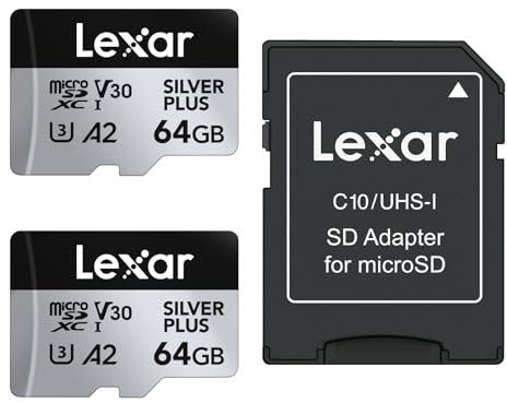 Lexar Silver Plus 64GB 2-Pack Micro SD Card up to 205 MB/s, MicroSDXC UHS-I Memory Card with Adapter, C10, U3, A2, V30, Full HD, 4K UHD, High Speed TF Card for Drone, Action Camera, Handheld Consoles