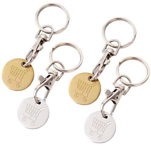 BRITECO 4pcs Stainless Steel Coin Keyring, Shopping Trolley Token Keyrings, Removable Shopping Keychain (Gold)