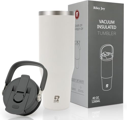 Riley Joy 2.0 Stainless Steel Tumbler 40 oz with Handle and Straw - 100% Leak Proof Insulated Water Bottle - Easy to Carry Travel Mug - Dishwasher Safe - Car Coffee Cup