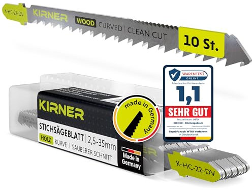KIRNER Lame per seghetto alternativo per legno, 10 pezzi [fino a 5 volte più tagli] taglio curvo molto preciso e pulito (2,5 – 35 mm) in legno e plastica, per tutte le seghe a T, lama per seghetto