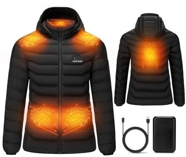 HEWINZE Veste chauffante pour Femme avec Capuche, Doudoune Chaude pour Femme avec Batterie 7,4 V, Veste d'hiver à Double Commande pour randonnée en Plein air Chasse Moto Camping