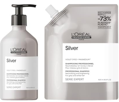 L'Oréal Professionnel Silber Shampoo für weißes, graues & blondiertes Haar, Violett Pigmente, Anti-Gelbstich, Serie Expert, 500ml & Shampoo Nachfüllbeutel, Refill 500ml