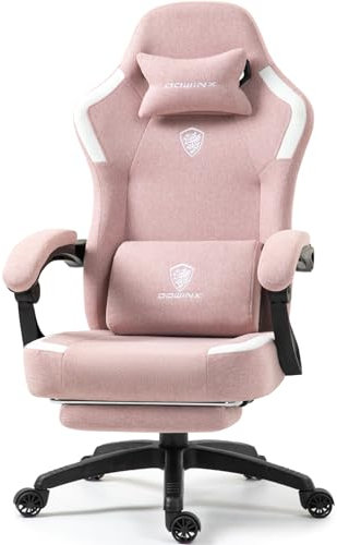 Dowinx Sedia da gioco in tessuto con cuscino primaverile, poltrona da gioco con poggiapiedi, ergonomica, in PC, per gamer, da ufficio, portata 150 kg, colore: rosa