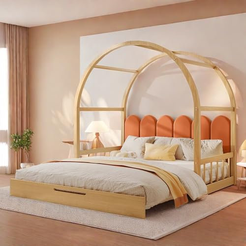 Cayipng Bett mit ausziehbarem Bogendach 140 x 200 cm, Schiebebett, Kinderbett, Schlafsofa, Doppelbett, Etagenbett für Kinder, Gestell aus Kiefernholz, natur und orange