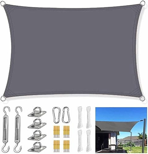 Voile d'ombrage rectangulaire imperméable grise avec kit de fixation robuste pour terrasse, porte, cour, jardin, parasol de 3 x 4 m (2 m, 8 m)