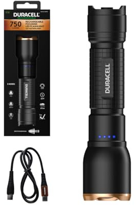 Duracell LED Taschenlampe DF1500R Core Plus – 1500 Lumen, fokussierbar bis 120 m, USB-C wiederaufladbar, 18650 Li-Ion Akku, 3 Lichtmodi, IP54 spritzwassergeschützt, robustes Aluminiumgehäuse