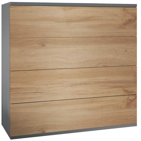 Vladon Kommode Pavos V3 hängend, Sideboard mit 4 Schubladen Anthrazit matt/Eiche Wotan (76 x 76 x 35 cm)