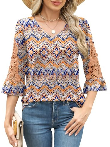 iWoo Womens 3/4 Length Sleeve Top Lace Ruffles Sleeve Blouses V Neck Dressy Fashion T Shirts Summer Casual Tunic (Boho Floral,M)