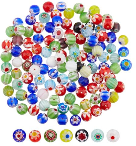 DICOSMETIC 120 Stück Millefiori Glasperlen 8mm Runde Glasblumenperlen Mosaikglasperlen Handgefertigte Blumenmusterperlen Für Ohrringe Armbänder Schmuckherstellung Bohrung: 1mm