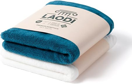 LAODI Premium Handtücher 2er Set – 50x100 – 2-Farben-Set – Ozean Tiefblau + Reinweiß – 100 % Baumwolle – 570 g/m² – Hergestellt in Portugal