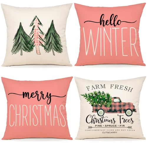 ZWJD Kissenbezug Weihnachten 50x50 4er Set Kissenbezüge Rosa Christmas Weihnachtskissen Kiefernmotiv Kissenhüllen für Weihnachtsdeko Innen Sofa Schlafzimmer Dekokissen
