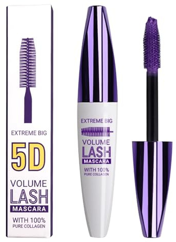 5D Seidenfaser Wimperntusche,Wasserfest,Volumengebende Mascara mit Kollagen,Voluminös,Verlängernd,Klumpenfrei,Intensiv Schwarz für Dramatisches Augen Make up für Cosplay und Make up Show (Violett)