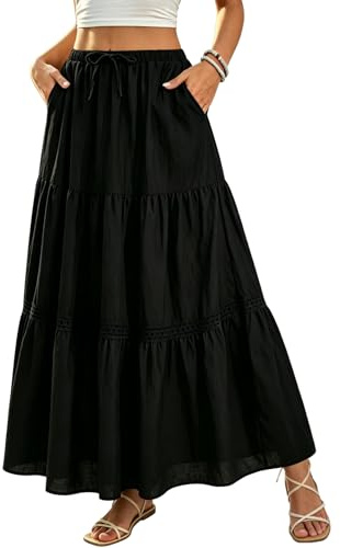 DJT Rock Damen Spitzenbesatz Boho Maxirock Elastisch Taille Casual A-Line Elegant Lang Röcke mit Taschen