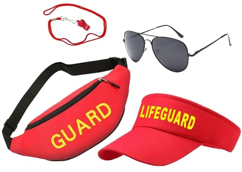 Baywatch Kostüm - Verstellbares Rettungsoutfit | Komplettes Baywatch-Zubehör-Set mit Sonnenblende, Gürteltasche, Sonnenbrille und Pfeife | Perfekt für Partys, Cosplay und Events